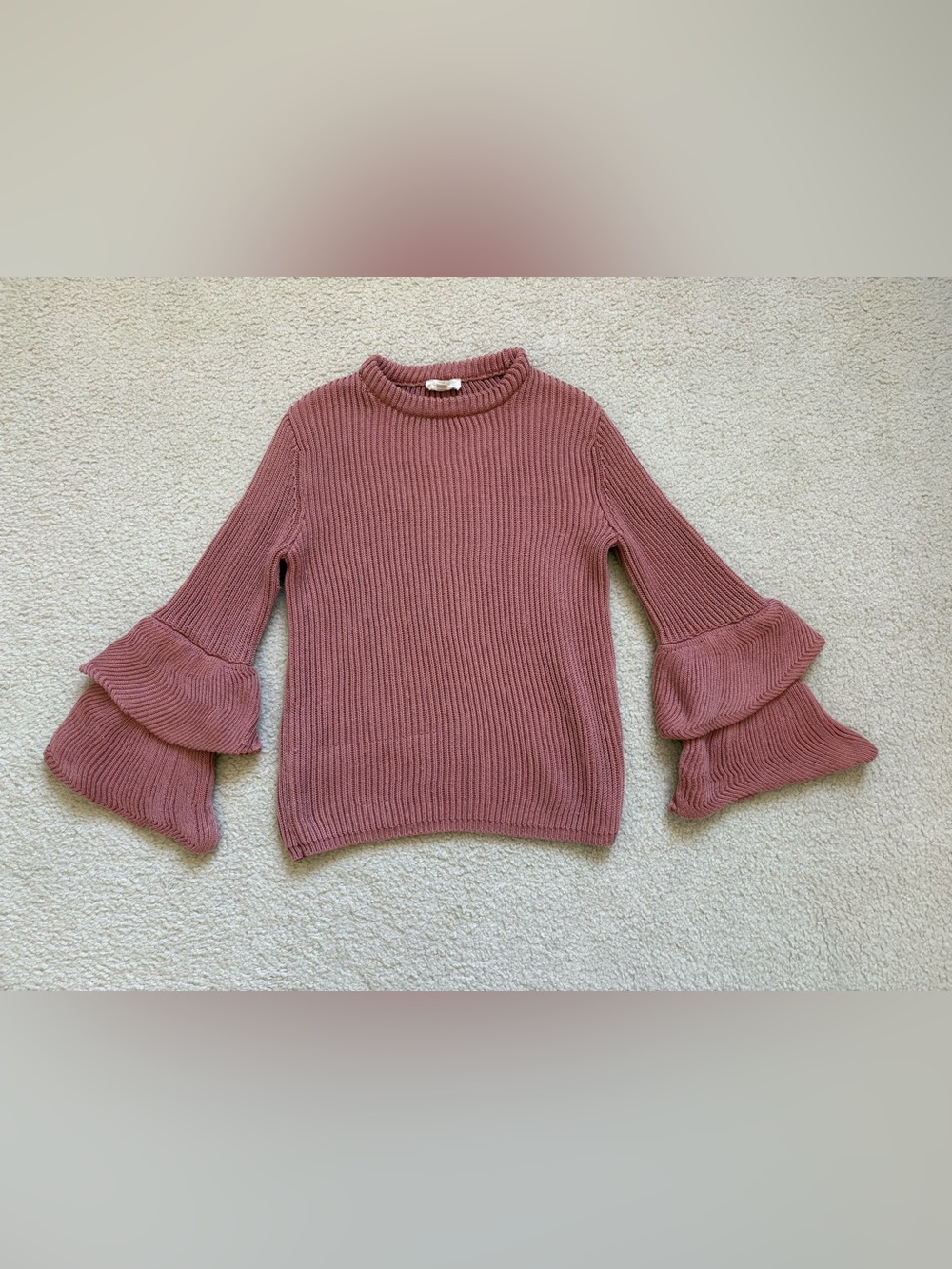 Tres Jolie tiered ruffle bell sleeve pink knit ribbed sweater, boho chic, sz M
